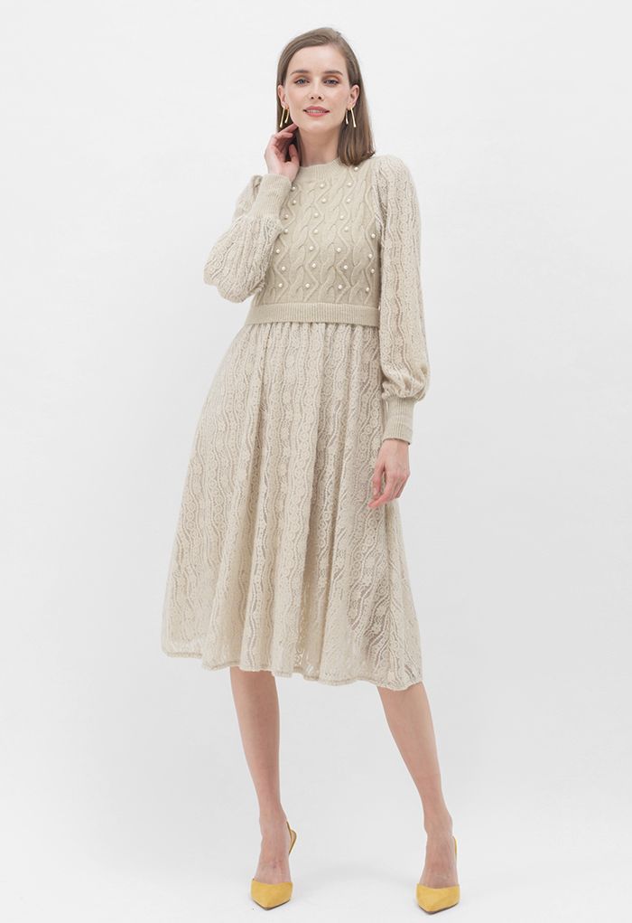 Spliced Knit Lacy Pearly Midi Dress in Camel
