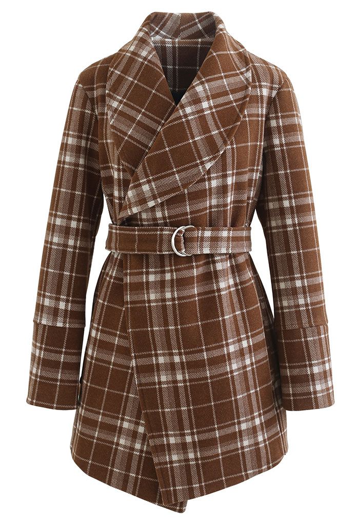 Rabato Wrap Belted Wool-Blend Coat in Caramel Check - Retro, Indie and ...