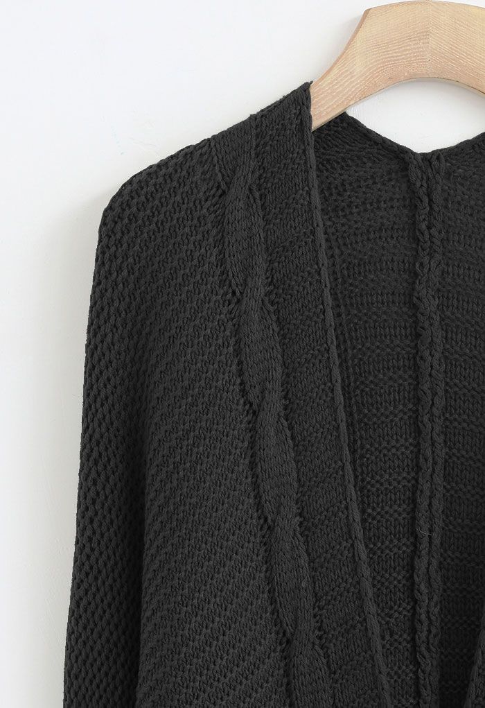 Open Front Pocket Braid Knit Cardigan in Black