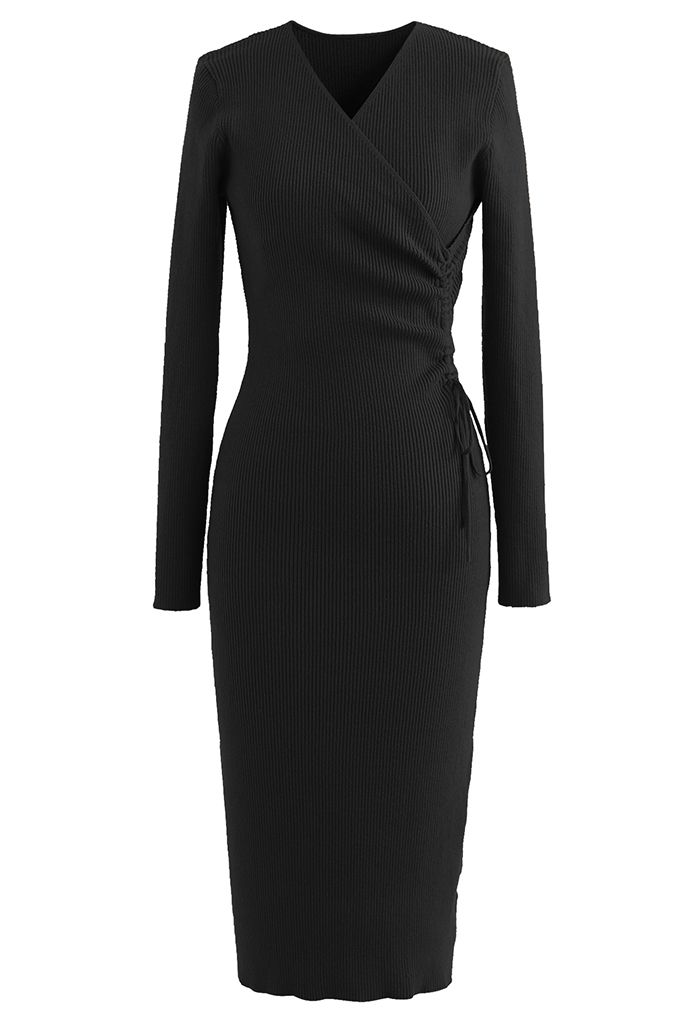 Drawstring Side Wrap Bust Knit Midi Dress in Black - Retro, Indie and ...