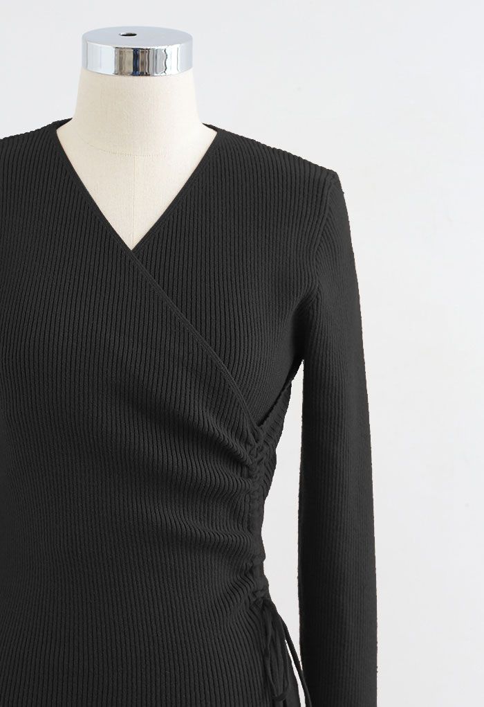 Drawstring Side Wrap Bust Knit Midi Dress in Black
