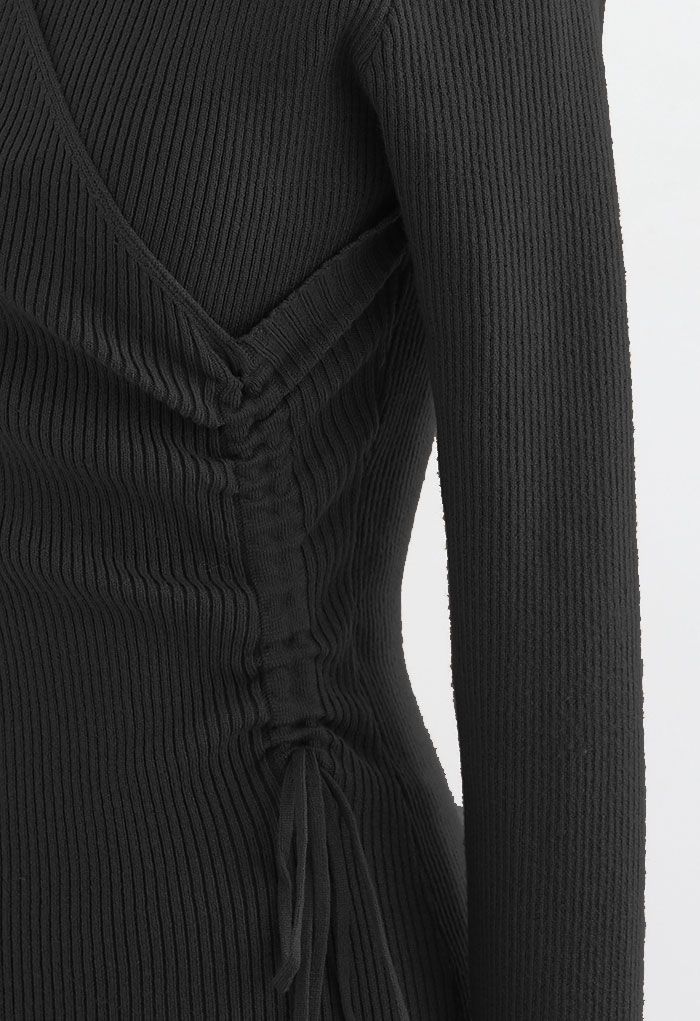 Drawstring Side Wrap Bust Knit Midi Dress in Black