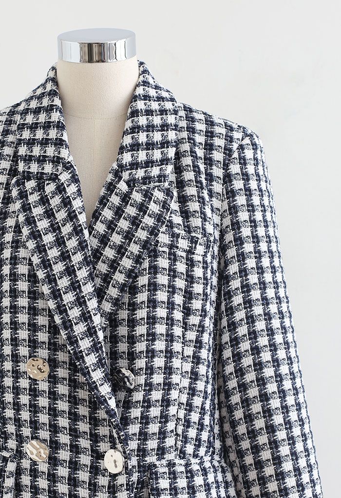 Gingham Textured Double-Breasted Blazer