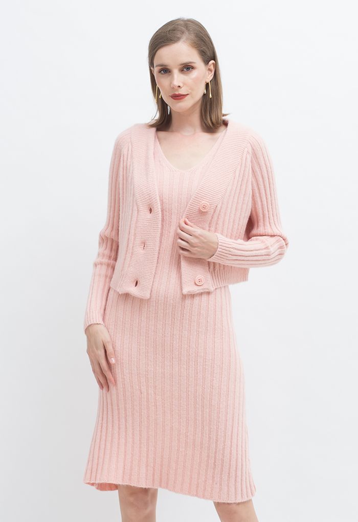 Knitted Sleeveless Dress and Crop Cardigan Set in Pink