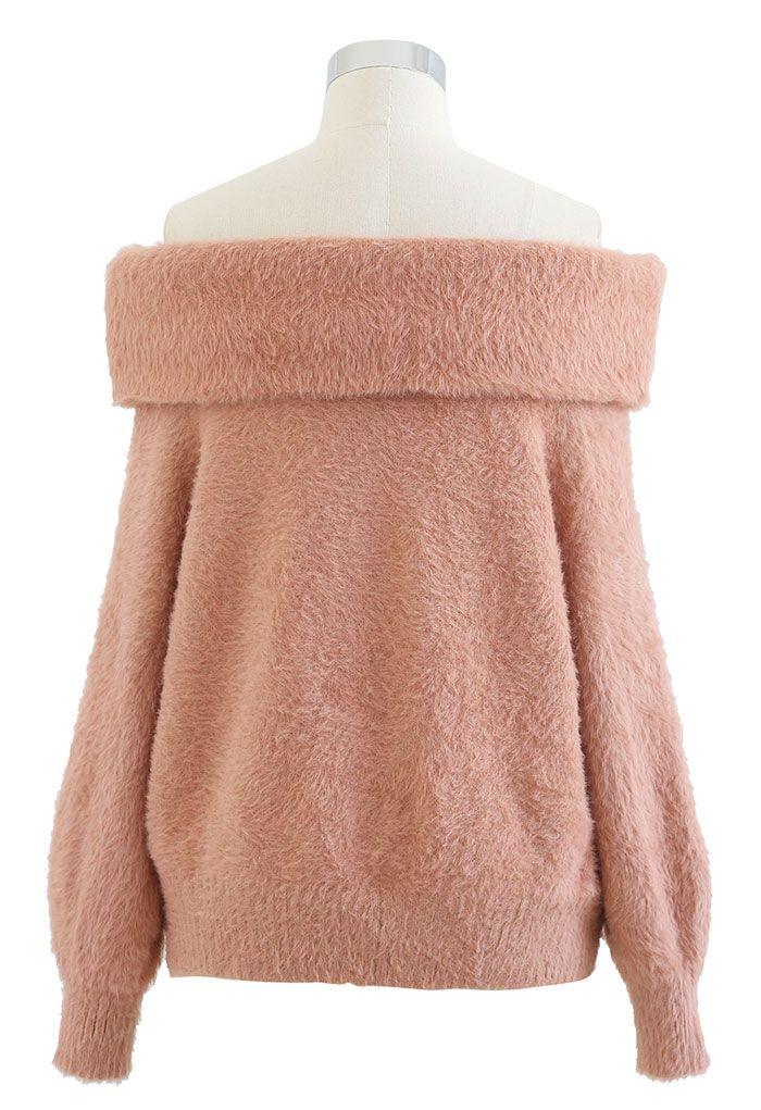 Soft Touch Off-Shoulder Fuzzy Knit Sweater in Peach