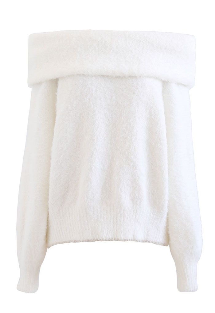 Soft Off-Shoulder Fuzzy Knit in White - Indie and Fashion