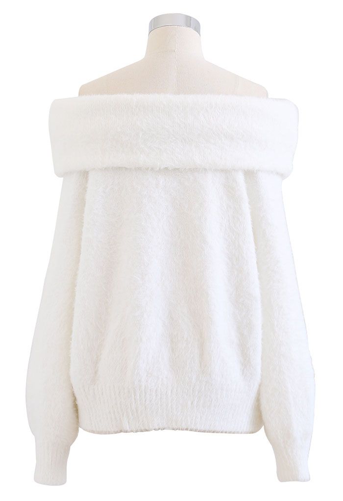 Soft Off-Shoulder Fuzzy Knit in White - Indie and Fashion