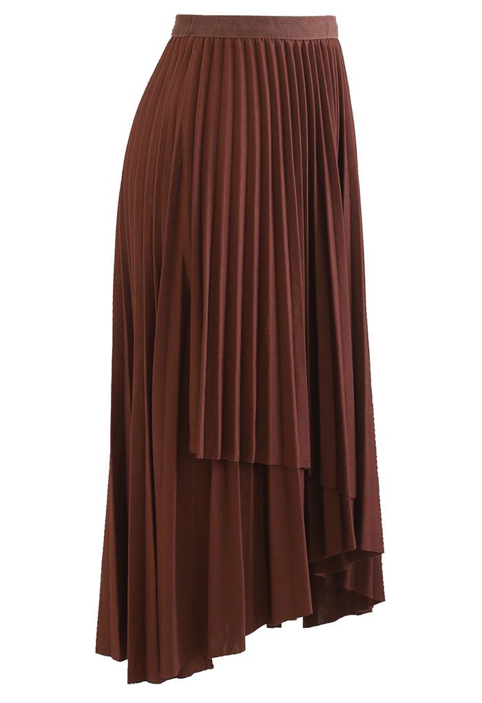 Asymmetric Hem Flap Front Pleated Skirt in Burgundy