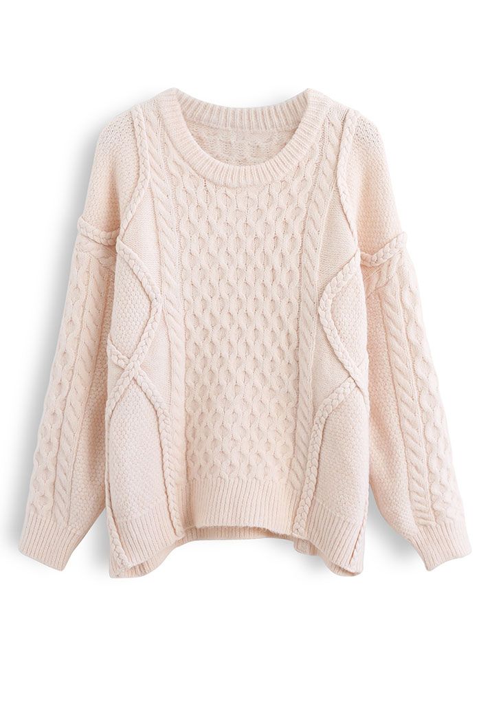 Round Neck Cable Knit Oversized Sweater in Cream