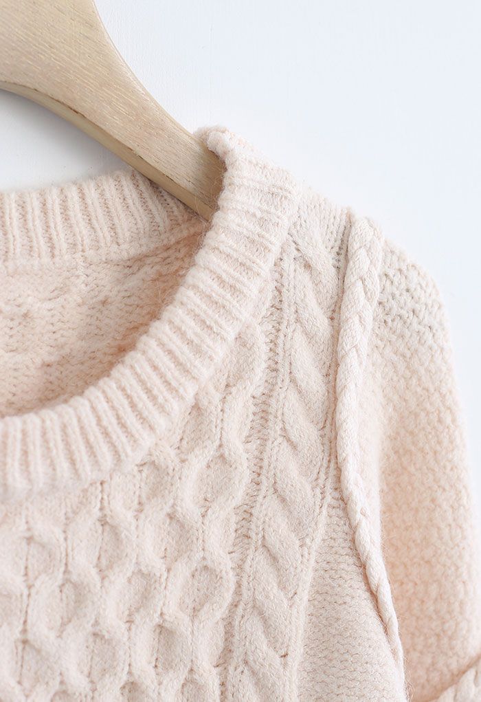 Round Neck Cable Knit Oversized Sweater in Cream