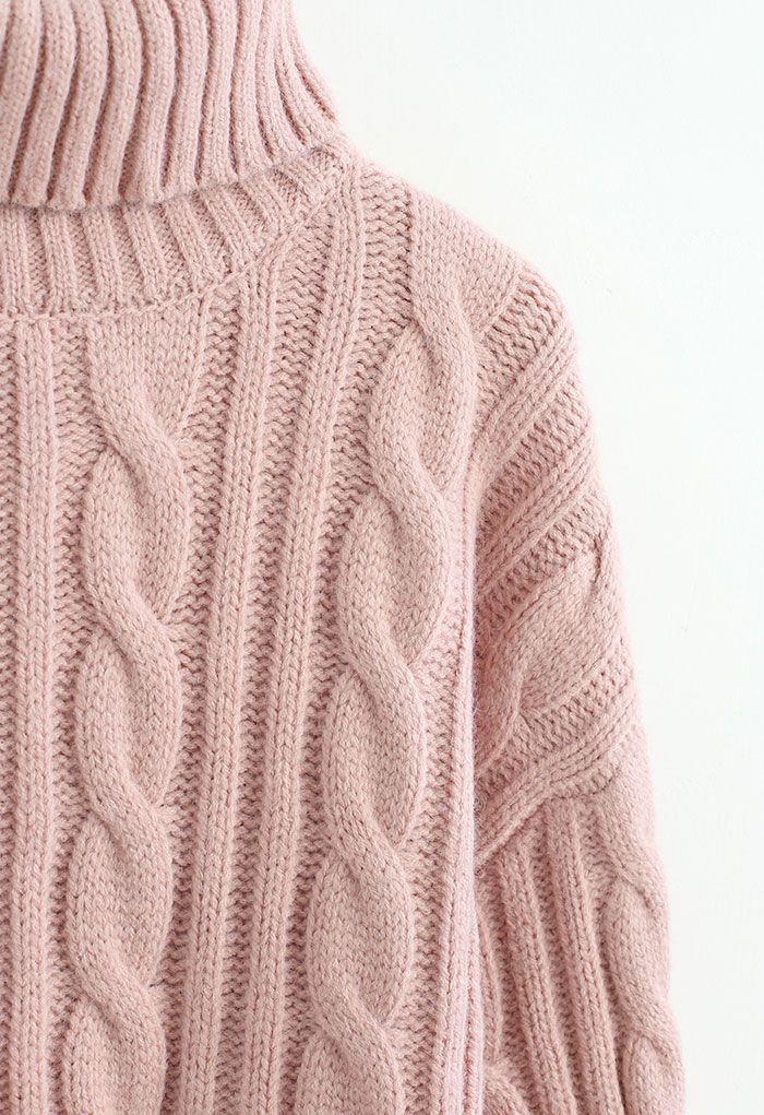 Turtleneck Cable Knit Crop Sweater in Pink