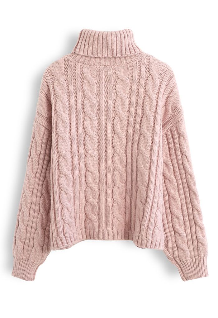 Turtleneck Cable Knit Crop Sweater in Pink - Retro, Indie and Unique ...