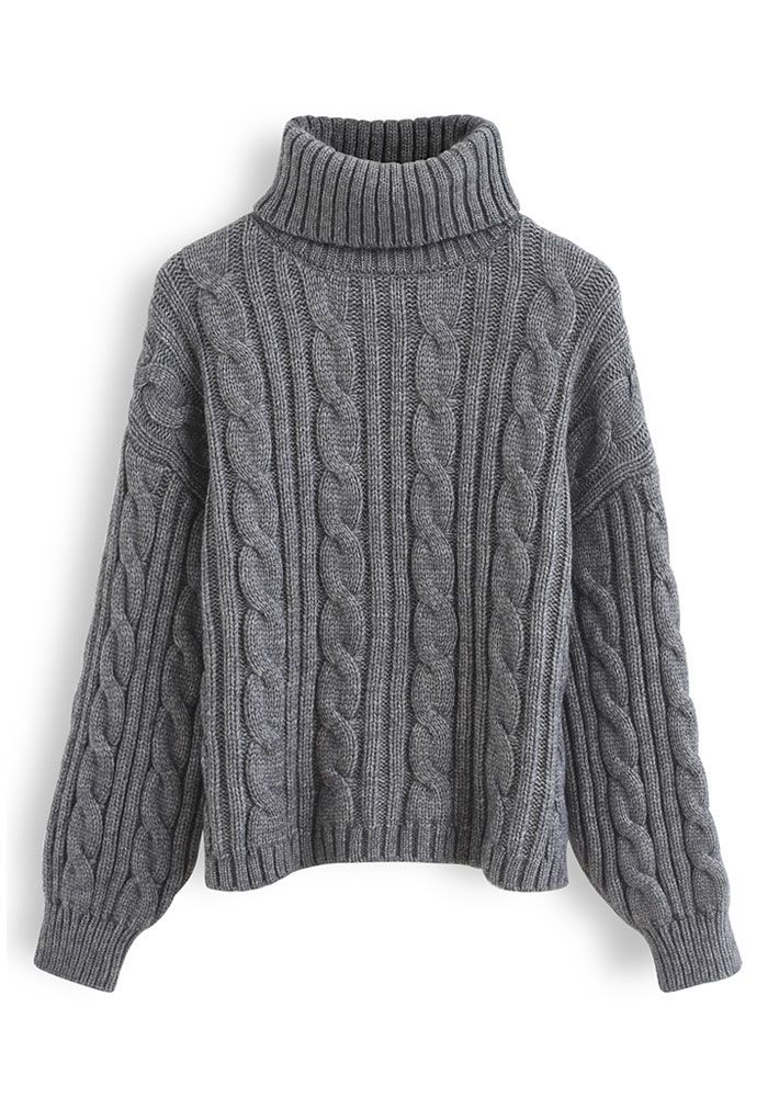Turtleneck Cable Knit Crop Sweater in Smoke