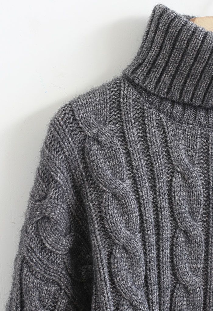 Turtleneck Cable Knit Crop Sweater in Smoke