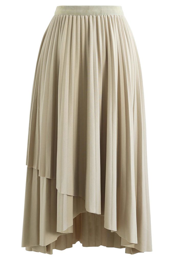 Asymmetric Hem Flap Front Pleated Skirt in Sand