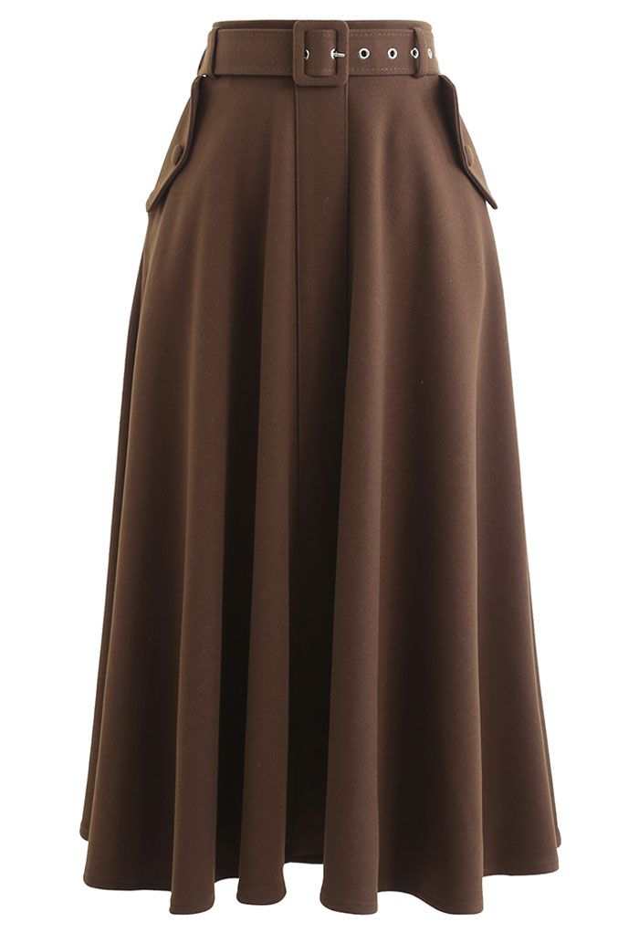Wool-Blend A-Line Belted Skirt in Brown - Retro, Indie and Unique Fashion