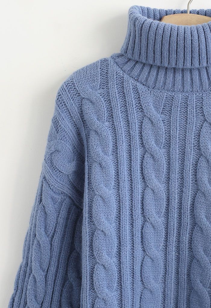Turtleneck Cable Knit Crop Sweater in Blue