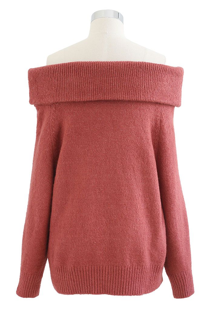 Off-Shoulder Comfy Knit Sweater in Rust Red