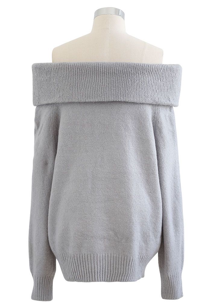 Off-Shoulder Comfy Knit Sweater in Grey