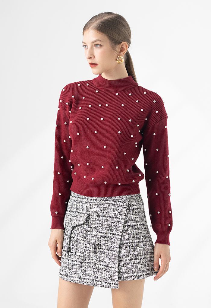 Mock Neck Pearl Embellish Knit Top in Red