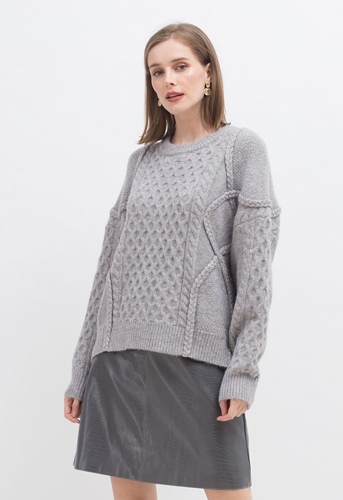 Round Neck Cable Knit Oversized Sweater in Grey