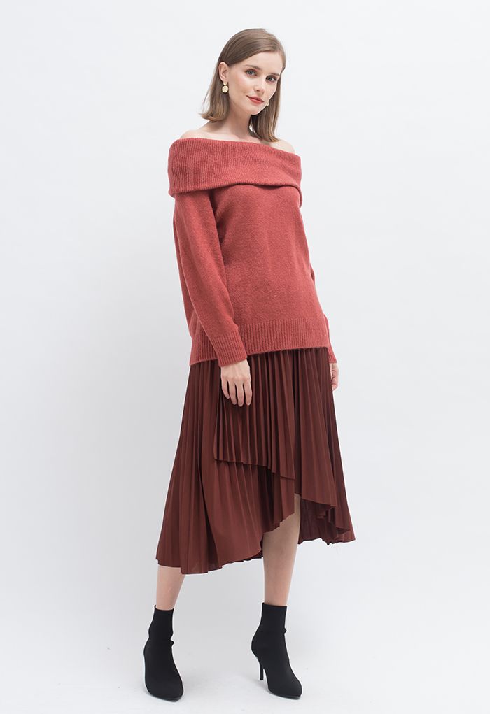 Off-Shoulder Comfy Knit Sweater in Rust Red