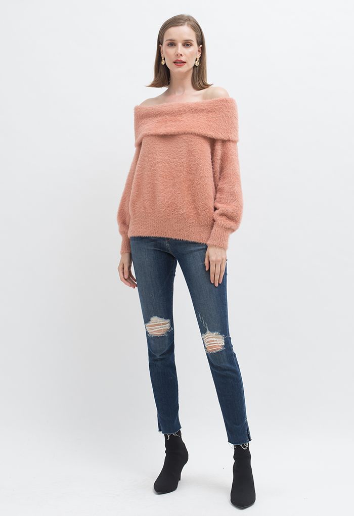 Soft Touch Off-Shoulder Fuzzy Knit Sweater in Peach
