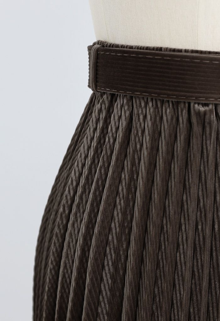Belted Velvet Full Pleated Midi Skirt in Brown - Retro, Indie and ...