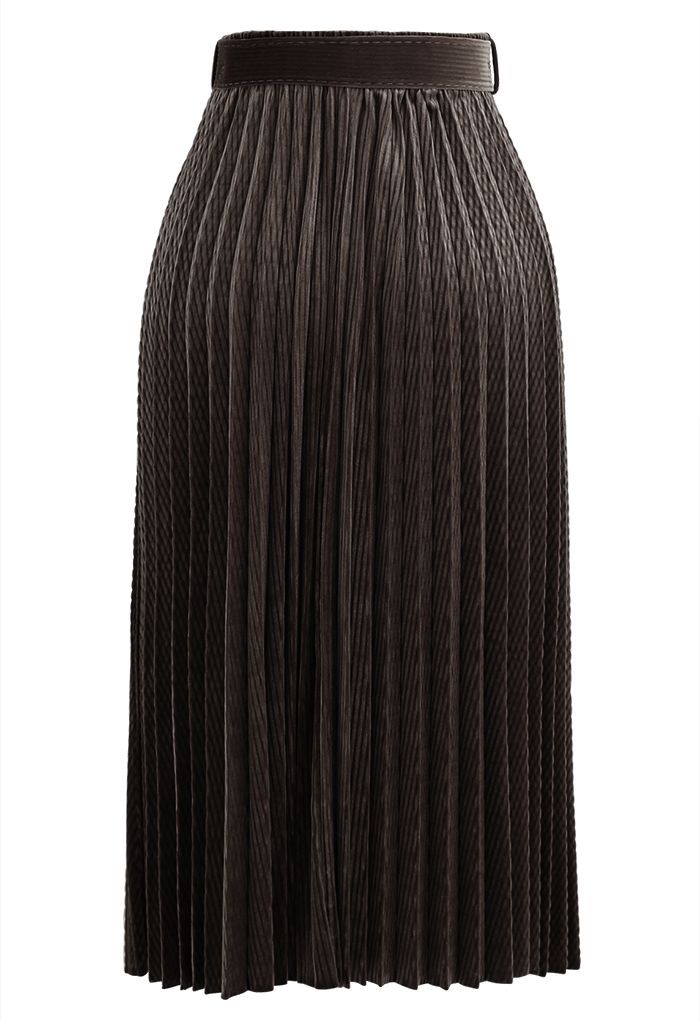 Belted Velvet Full Pleated Midi Skirt in Brown