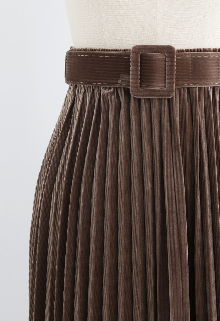 Belted Velvet Full Pleated Midi Skirt in Caramel - Retro, Indie and ...