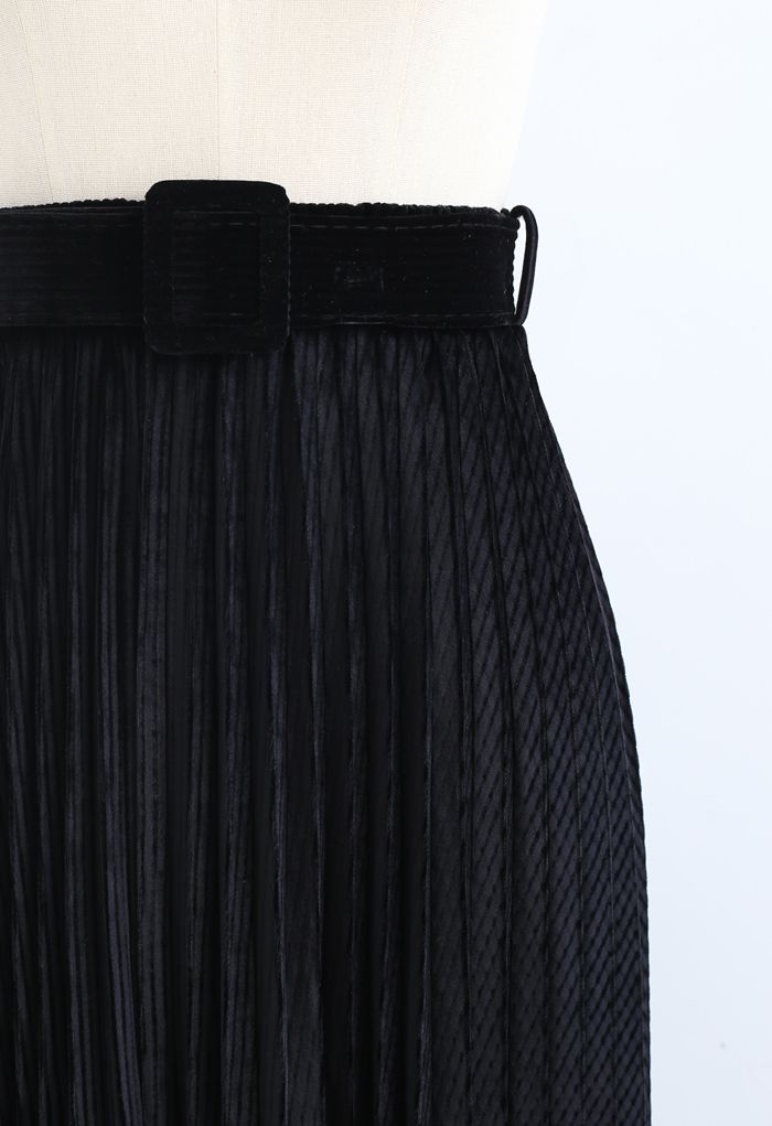 Belted Velvet Full Pleated Midi Skirt in Black - Retro, Indie and ...