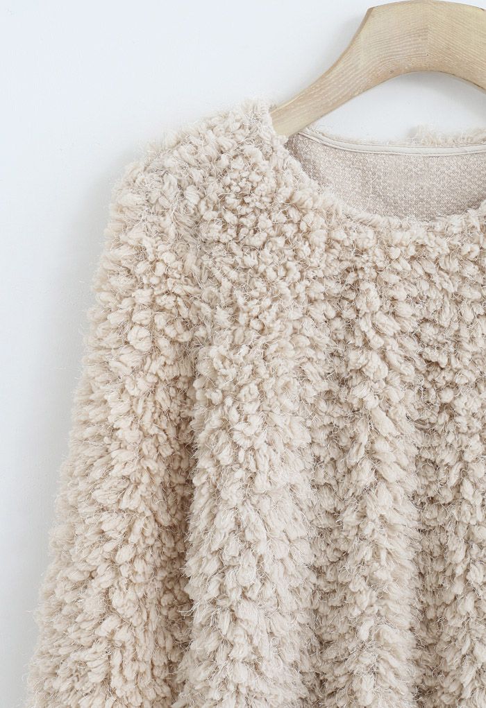 Shaggy Fringe Faux Fur Pullover in Cream 