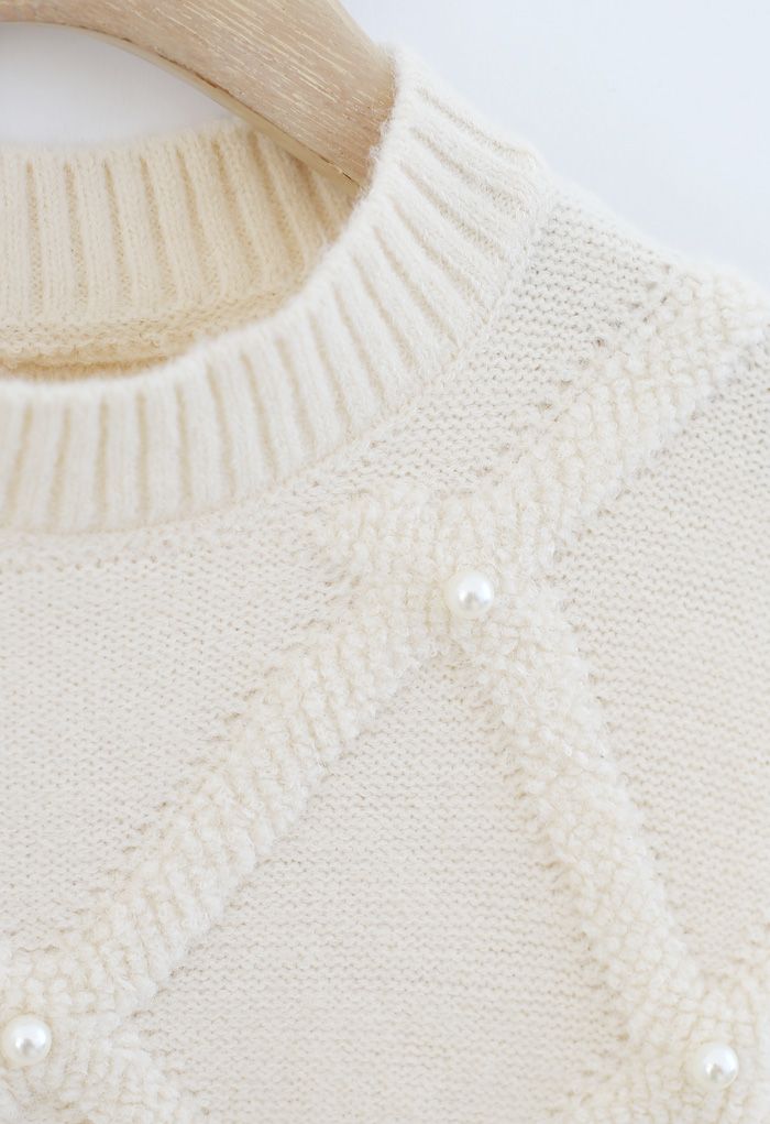 Diamond Pearls Trim Fuzzy Knit Sweater in Cream - Retro, Indie and ...