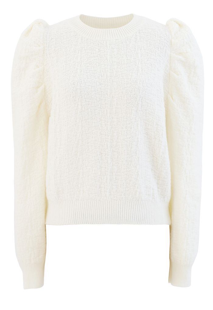 Puff-Shoulder Texture Knit Sweater in Cream
