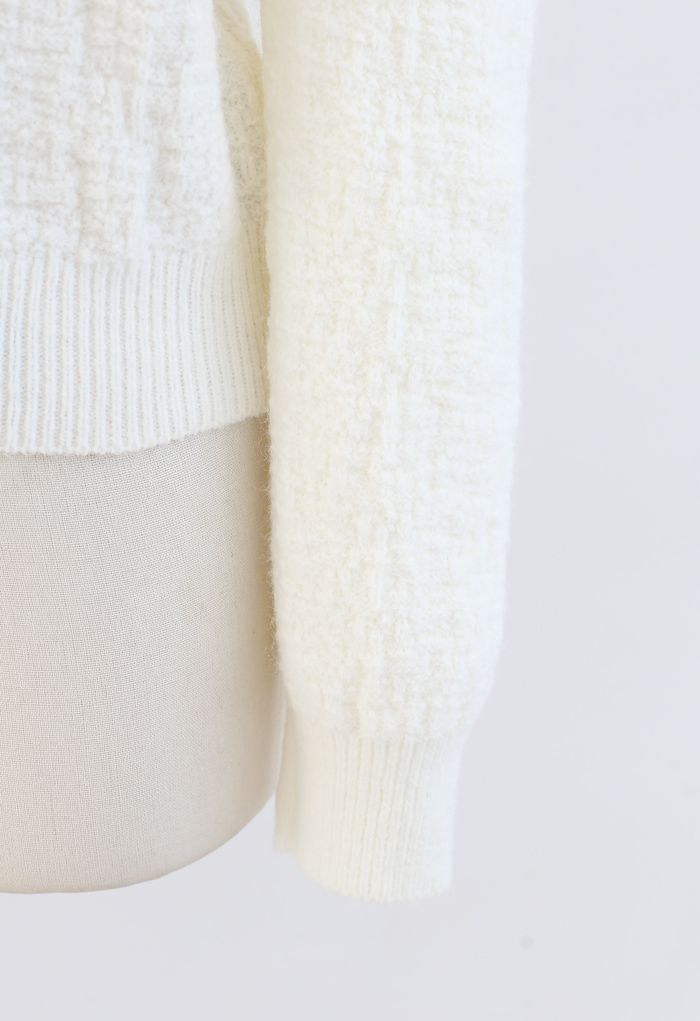 Puff-Shoulder Texture Knit Sweater in Cream