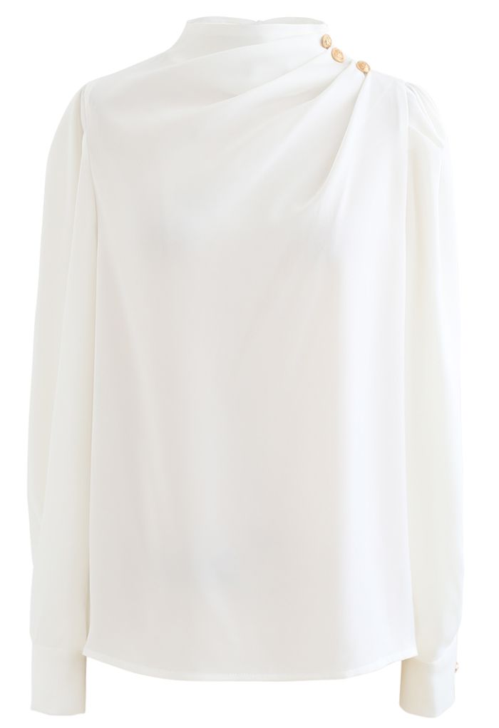 Buttoned Ruched Neck Satin Top in White - Retro, Indie and Unique Fashion