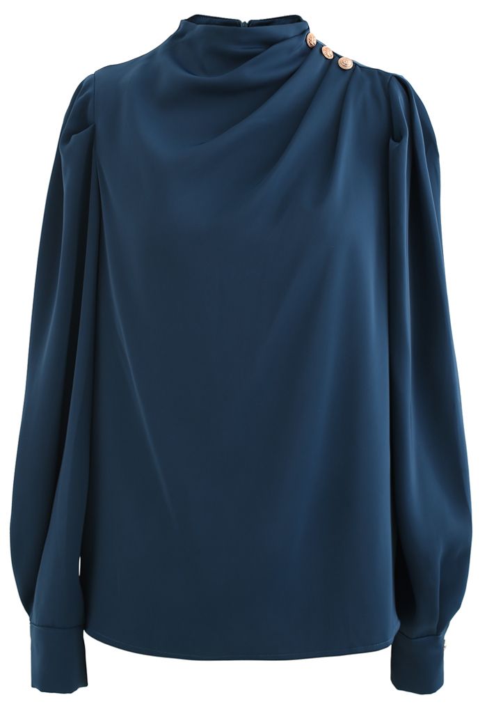 Buttoned Ruched Neck Satin Top in Indigo - Retro, Indie and Unique Fashion