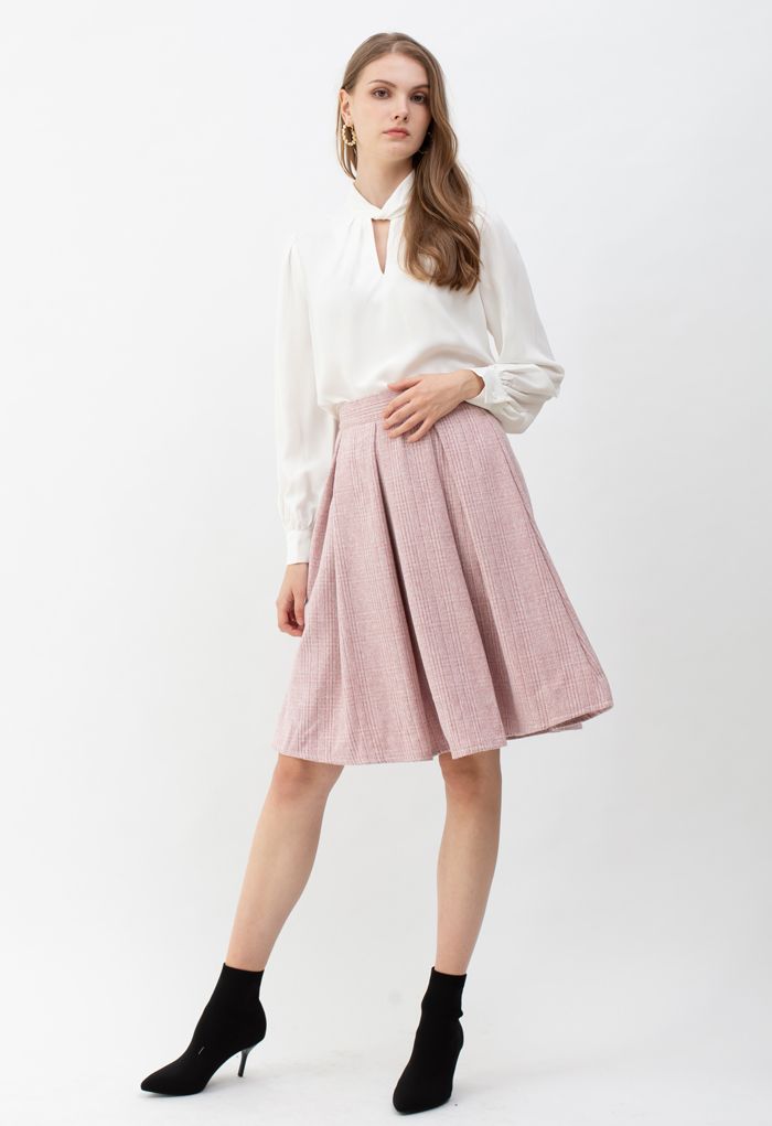 Flare Pleated Wool-Blend Skirt in Pink