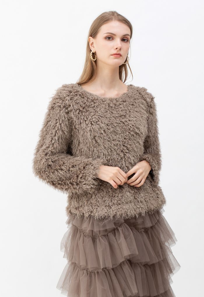 Shaggy Fringe Faux Fur Pullover in Taupe 