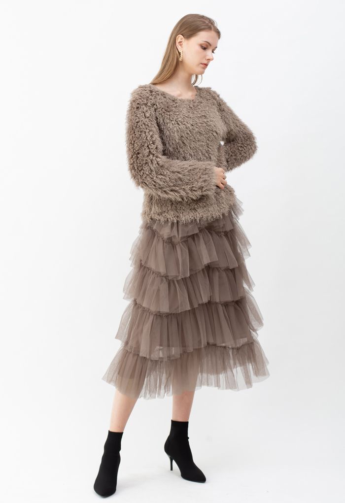 Shaggy Fringe Faux Fur Pullover in Taupe - Retro, Indie and Unique Fashion