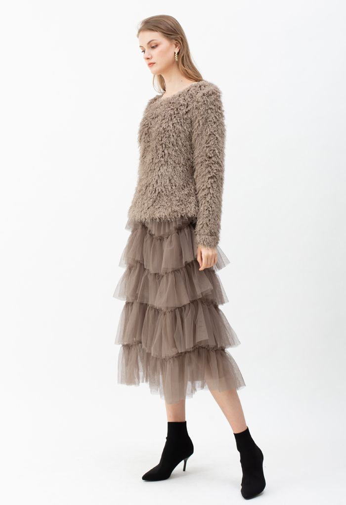 Shaggy Fringe Faux Fur Pullover in Taupe 