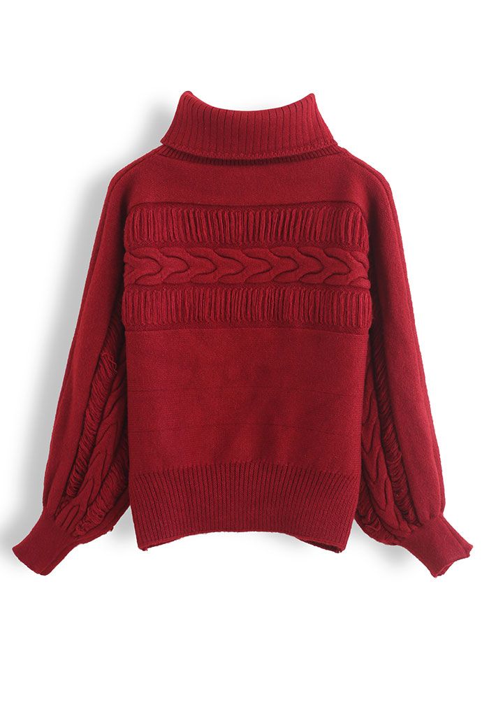 Fringed Detailing Turtleneck Knit Sweater in Red
