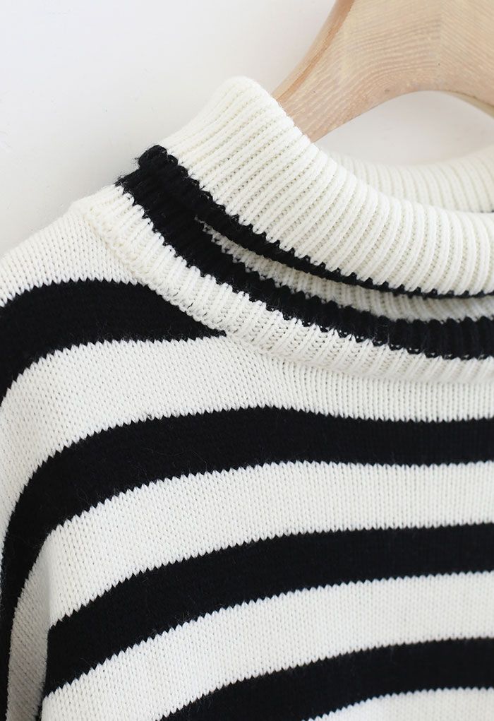 Striped Oversize Flare Sleeve Turtleneck Knit Sweater in White