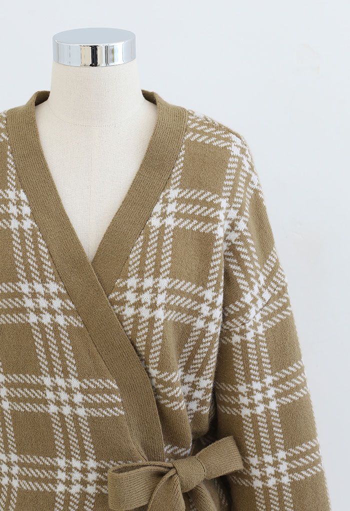 Check Print Self-Tie Wrap Knit Sweater in Camel