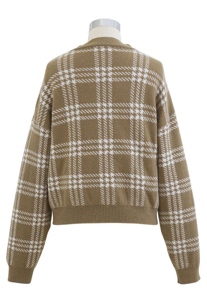 Check Print Self-Tie Wrap Knit Sweater in Camel