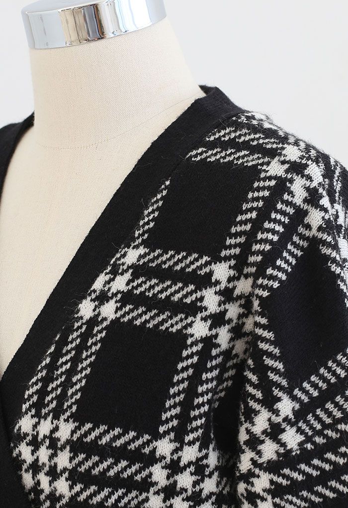 Check Print Self-Tie Wrap Knit Sweater in Black