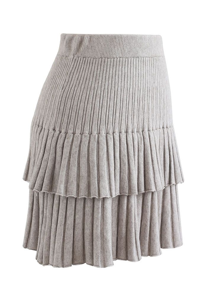 Tiered Pleated Knit Mini Skirt in Linen - Retro, Indie and Unique Fashion