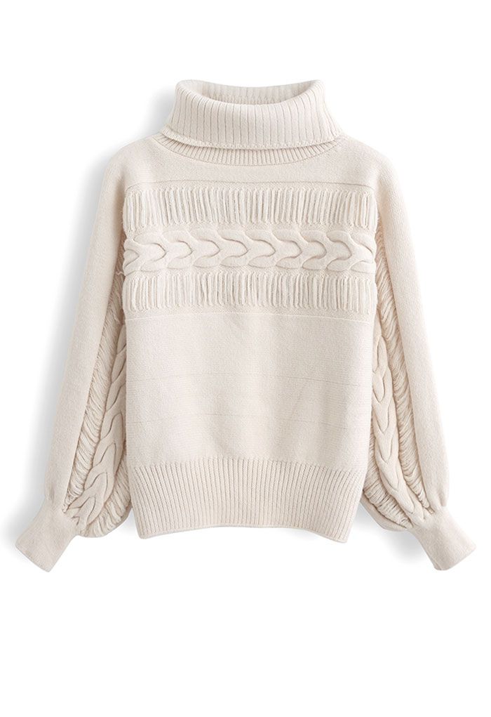 Fringed Detailing Turtleneck Knit Sweater in Cream