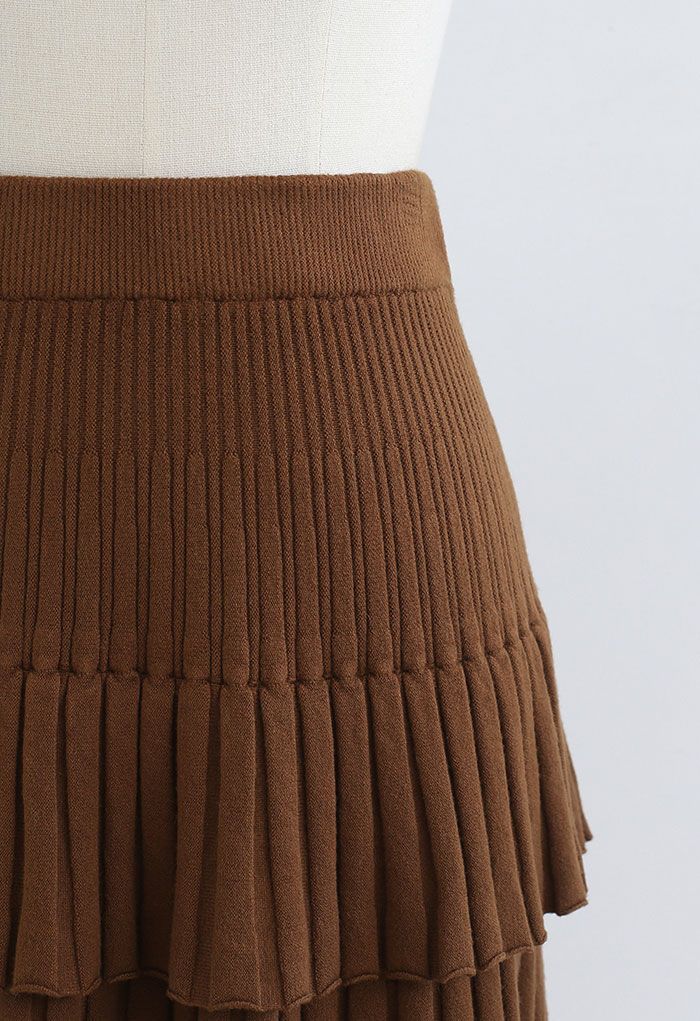 Tiered Pleated Knit Mini Skirt in Caramel - Retro, Indie and Unique Fashion