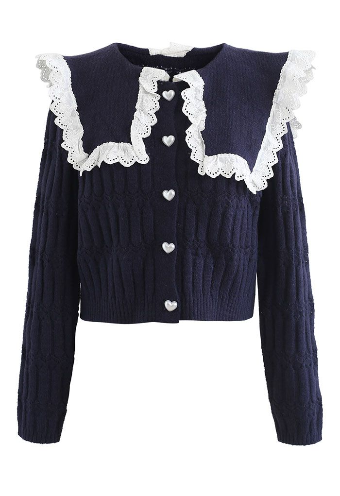 Exuberant Collared Emboss-Knit Buttoned Cardigan in Navy